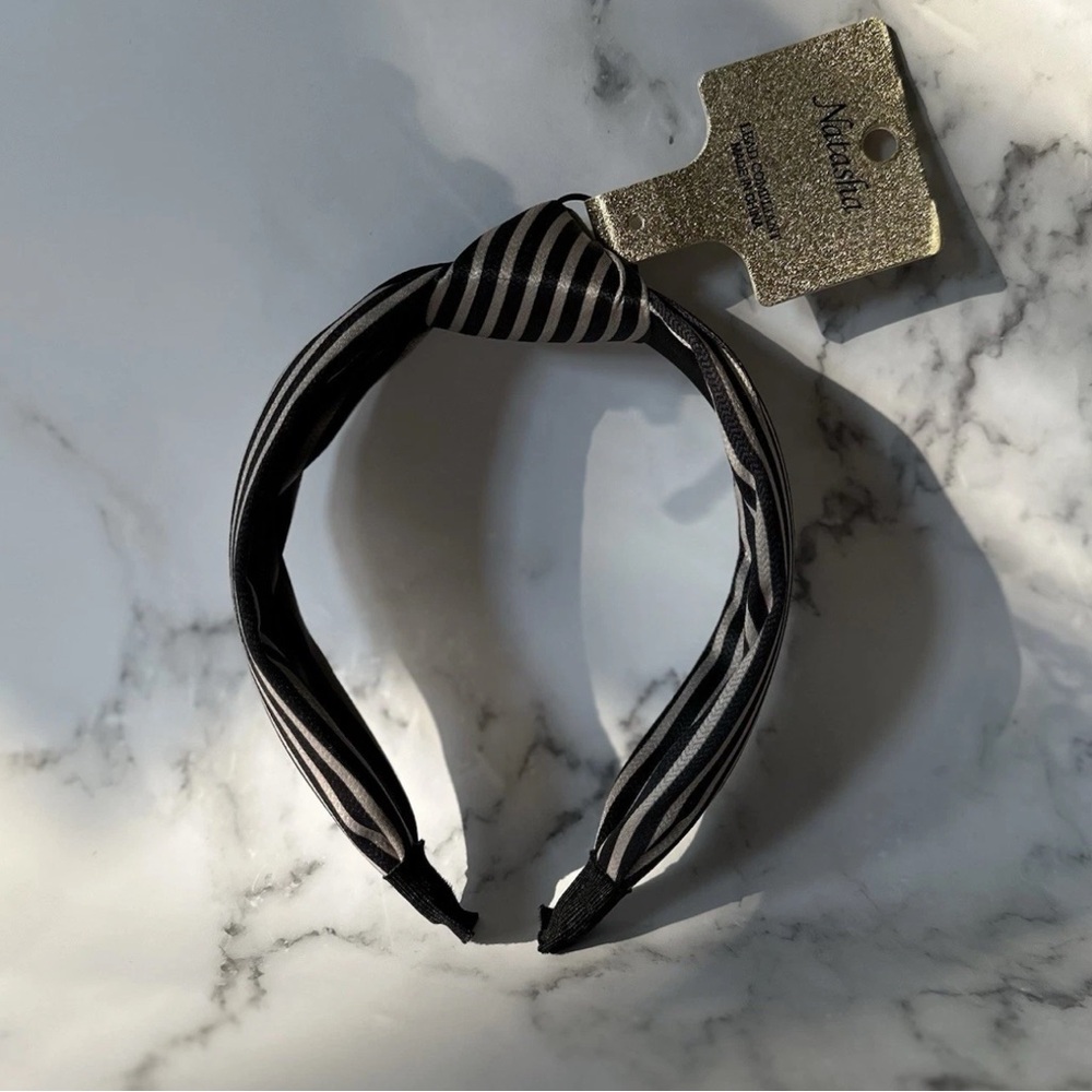 Natasha Twist Knot Fabric Headband Black & Taupe Stripe NWT